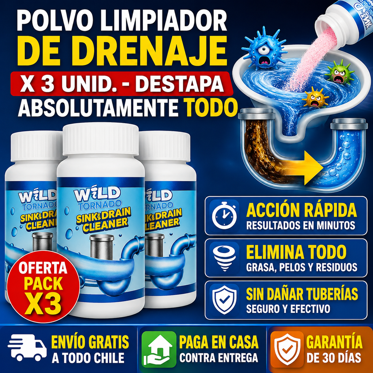 Polvo Limpiador De Drenaje x 3 unid - Destapa absolutamente TODO